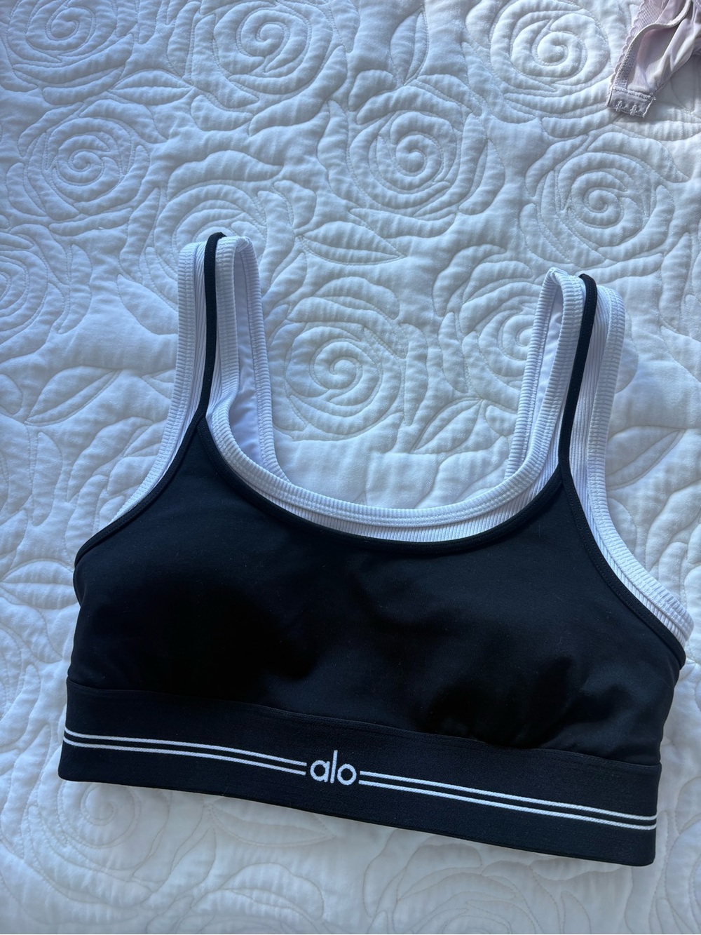 ALO Yoga Black Sports Bra with White Trim